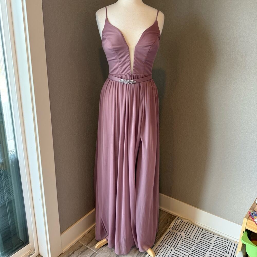 Azazie Leah Vintage Mauve Plunge Beaded Waist Maxi Dress Size 8